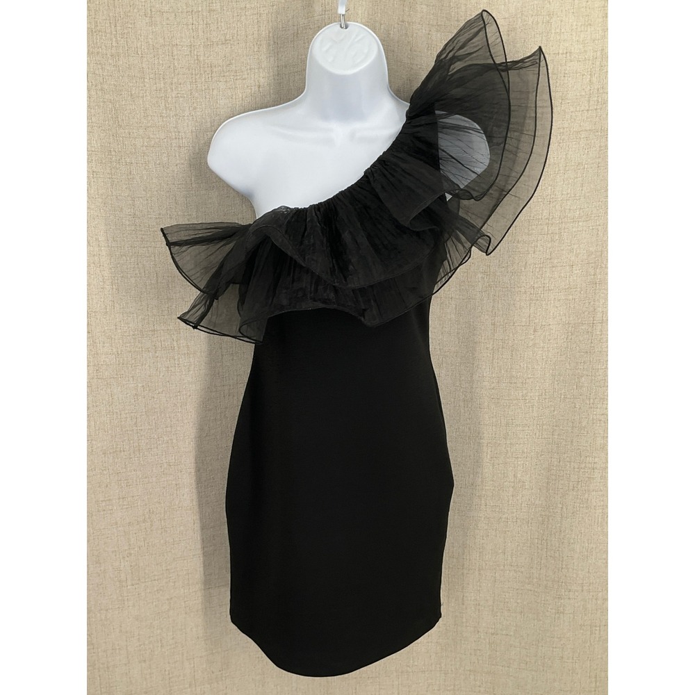 Zara Dress Women M Black One Shoulder Organza‎ Ruffle Mini Bodycon Dramatic